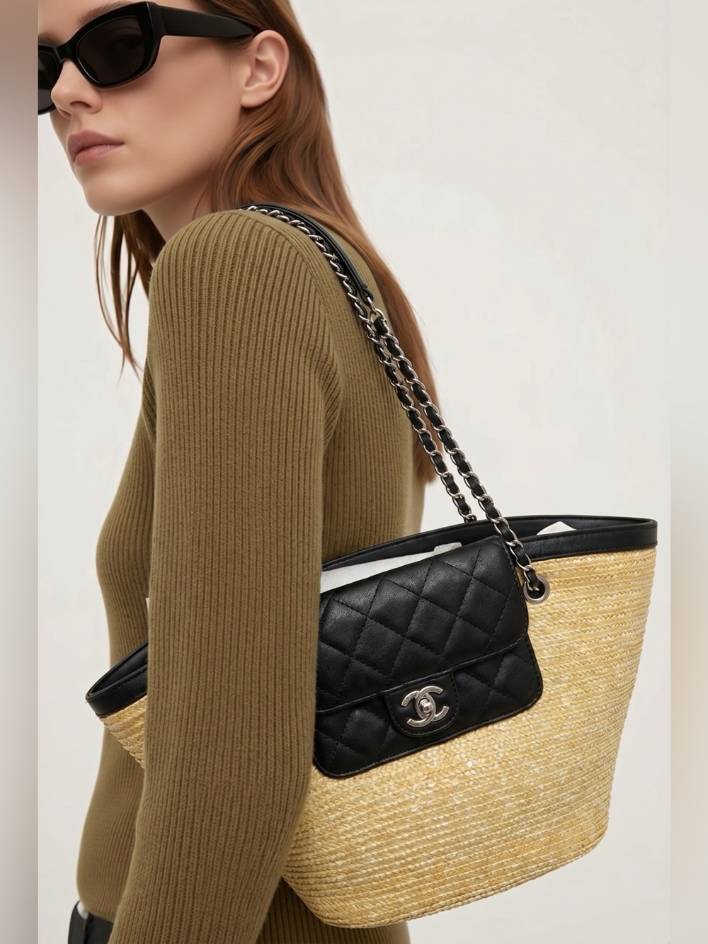 Black Quilted Straw Tote Bag